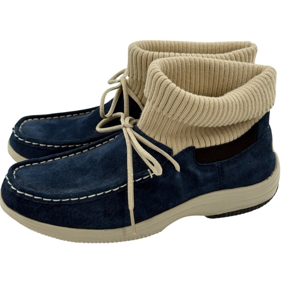 Propet Leather Cardigan Fold Over Moccasin Comfort Suede Skip On Boot Blue 7